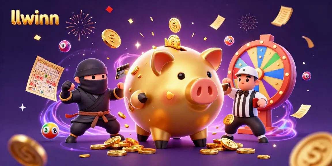Unleash winnings with llwinn in an exciting casino scene featuring a dynamic piggy bank and vibrant game elements.