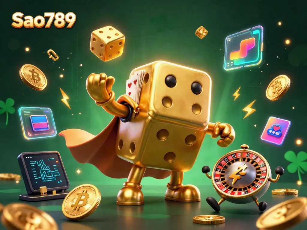 Sao789 features a vibrant casino-themed 3D illustration with golden dice characters juggling, depicting excitement and gaming action.