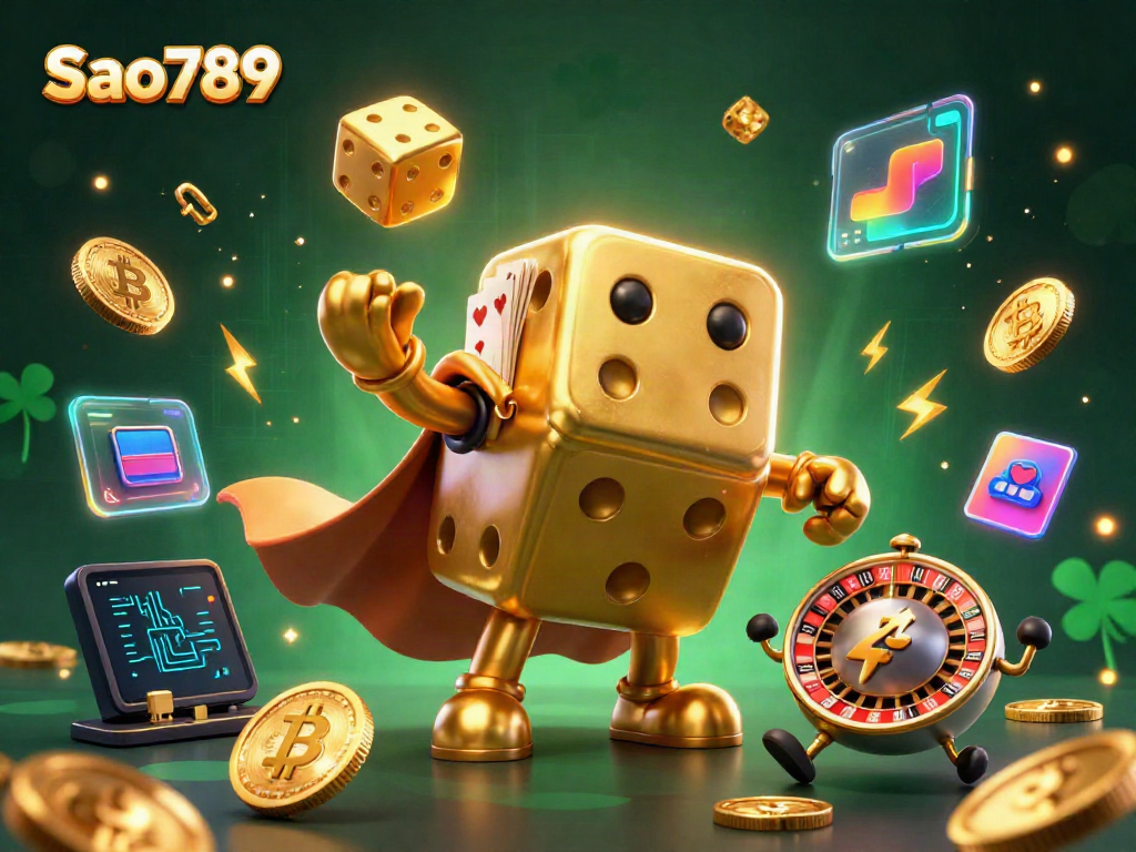 Sao789 features a vibrant casino-themed 3D illustration with golden dice characters juggling, depicting excitement and gaming action.