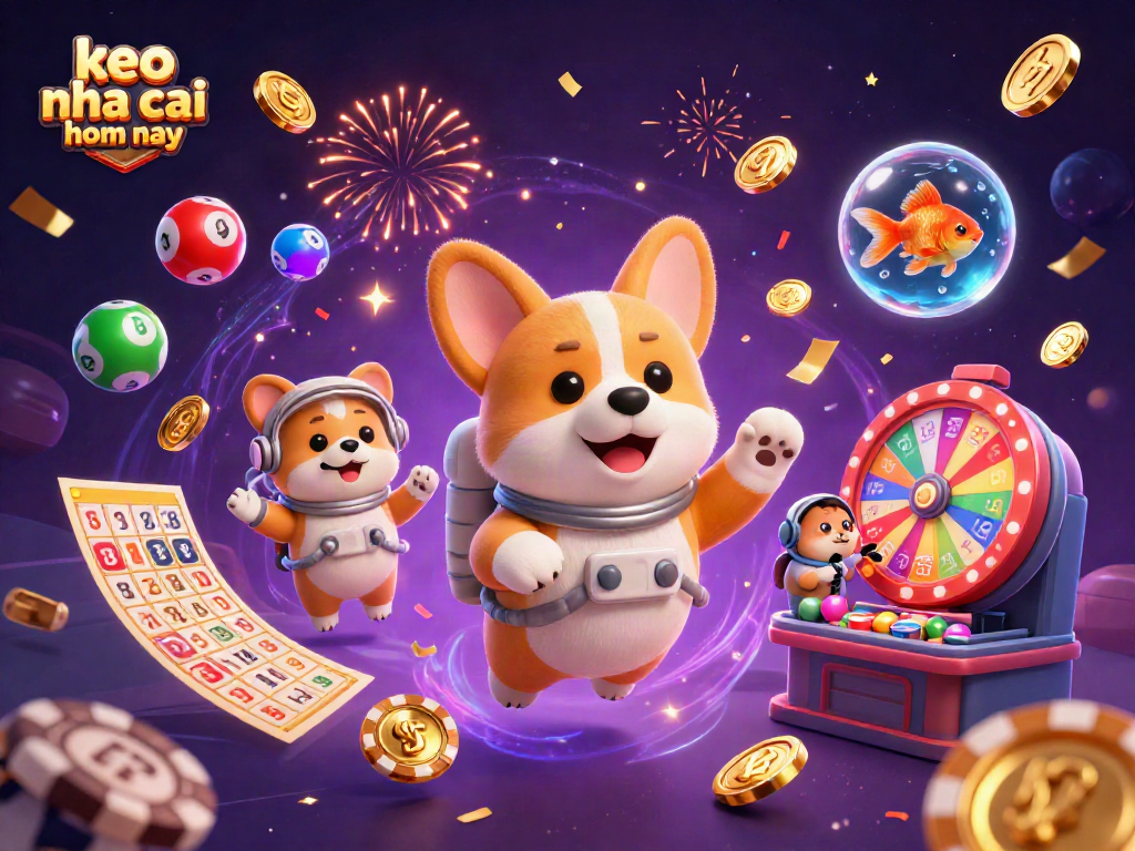 Experience the excitement of keo nha cai hom nay with a dynamic casino scene featuring floating characters and vibrant game elements.