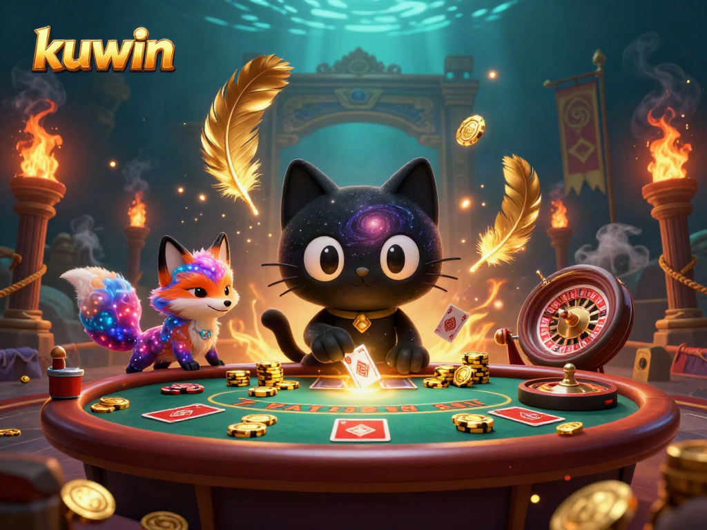 Kuwin's cosmic casino adventure with a black hole cat and colorful nebula fox attracting chips and cards.