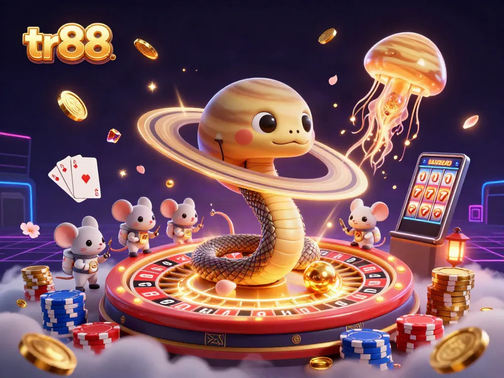 Experience thrilling bets with tr88 in a vibrant cosmic casino scene featuring animated characters.