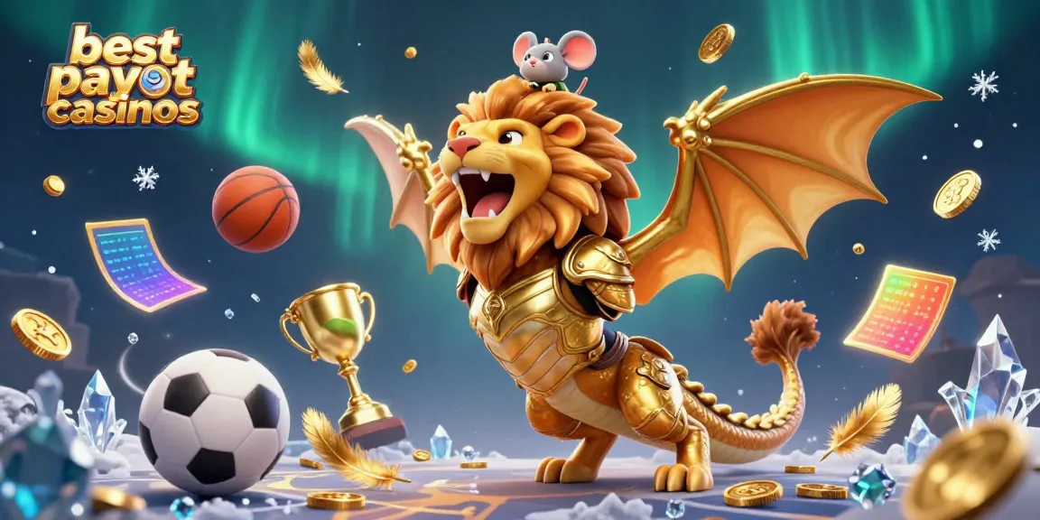 Exploring the best payout casinos with a golden chimera and sports elements in a vibrant 3D scene.