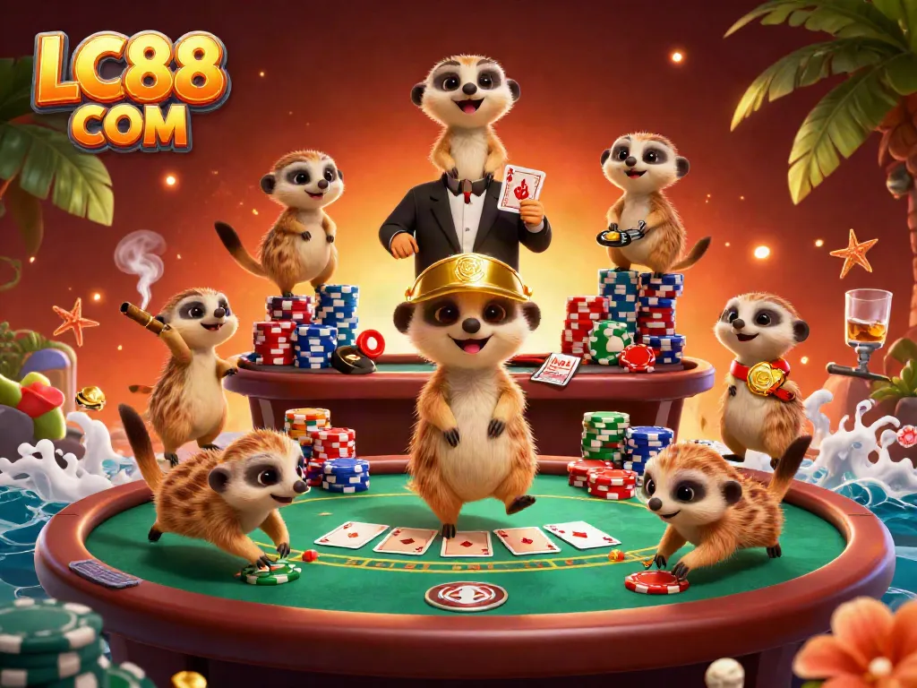 Experience thrilling gameplay at LC88 COM with a vibrant casino scene of meerkats in action.