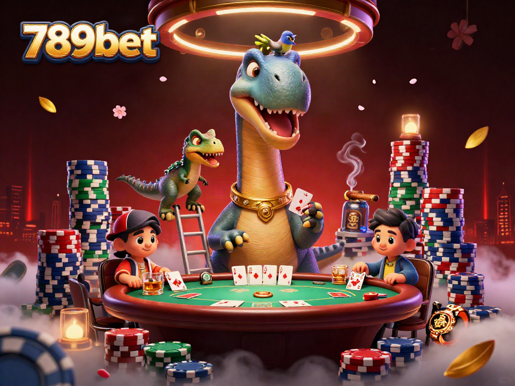 Engage in exciting poker action at 789bet with a towering dinosaur overseeing gameplay, vibrant chips scattered