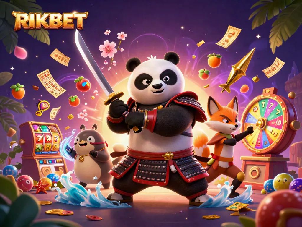 Win big at RIKBET with an illustrated scene of a vibrant casino adventure featuring samurai panda and ninja fox.