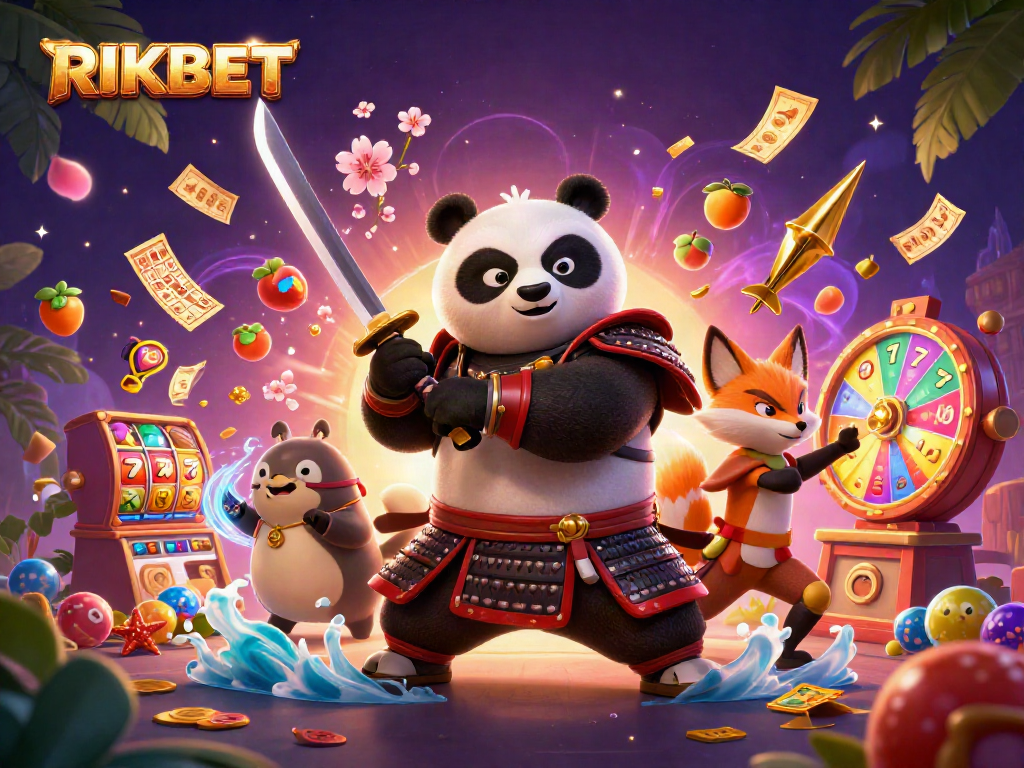 Win big at RIKBET with an illustrated scene of a vibrant casino adventure featuring samurai panda and ninja fox.