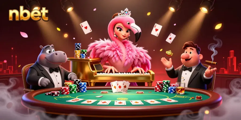 Experience vibrant nbet casino action with a flamingo singer and hippo bassist in an energetic scene.
