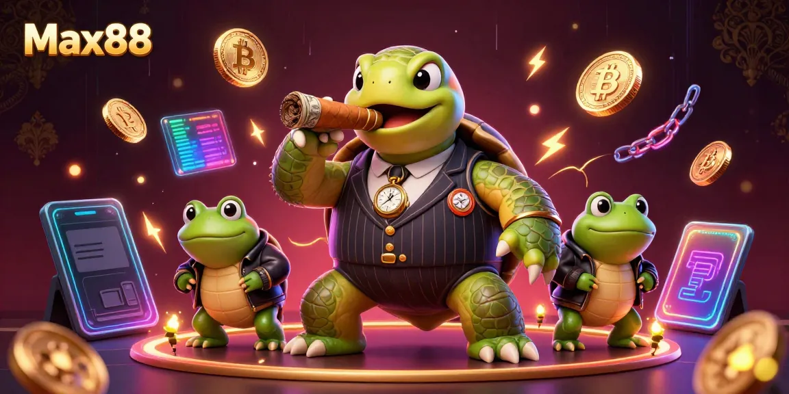 Experience the thrill of Max88 with a cartoon scene featuring a turtle mobster and frog enforcers.