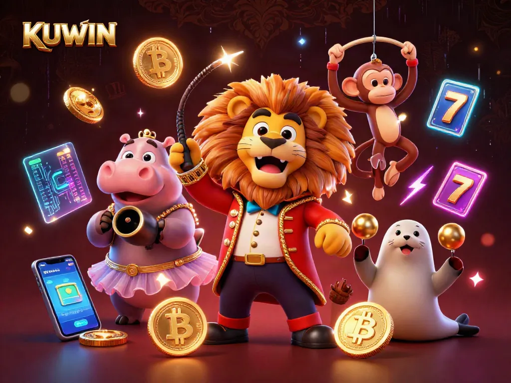 KUWIN offers thrilling online gambling experiences with vibrant casino characters and crypto elements.