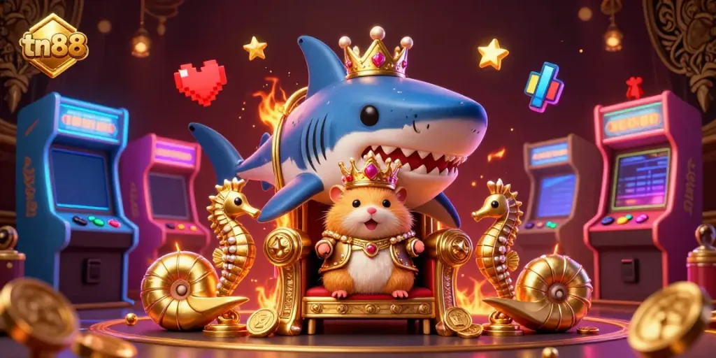 Engage in thrilling casino adventures with tn88, featuring a golden hamster king and vibrant gaming elements.