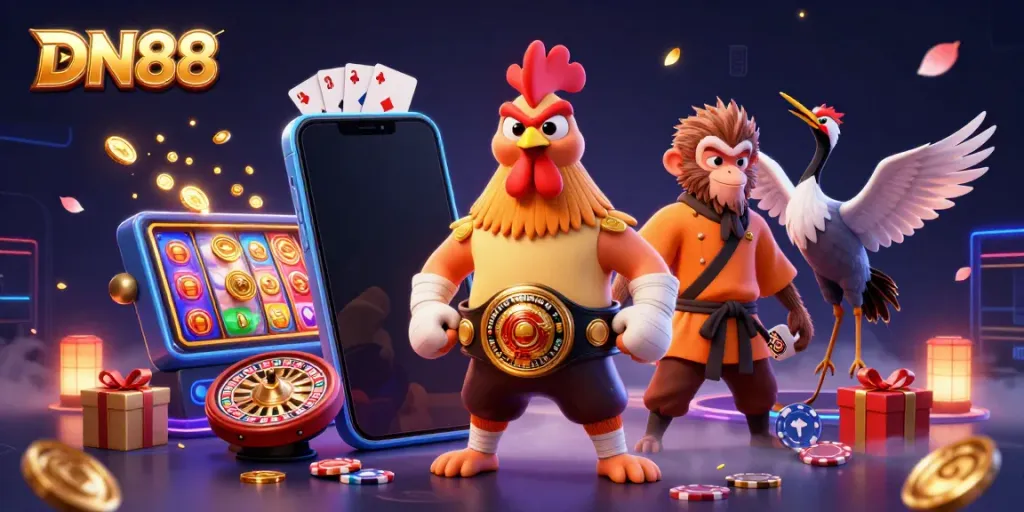 Engage in thrilling gaming joy at DN88 with a vibrant 3D illustration showcasing unique characters and casino elements.