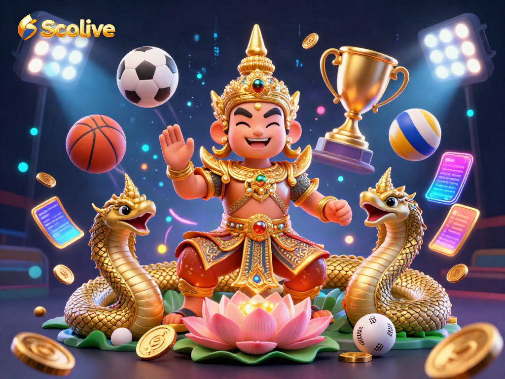 Socolive delivers a dynamic sports betting atmosphere with a Thai guardian, golden Naga serpents, and sports balls.