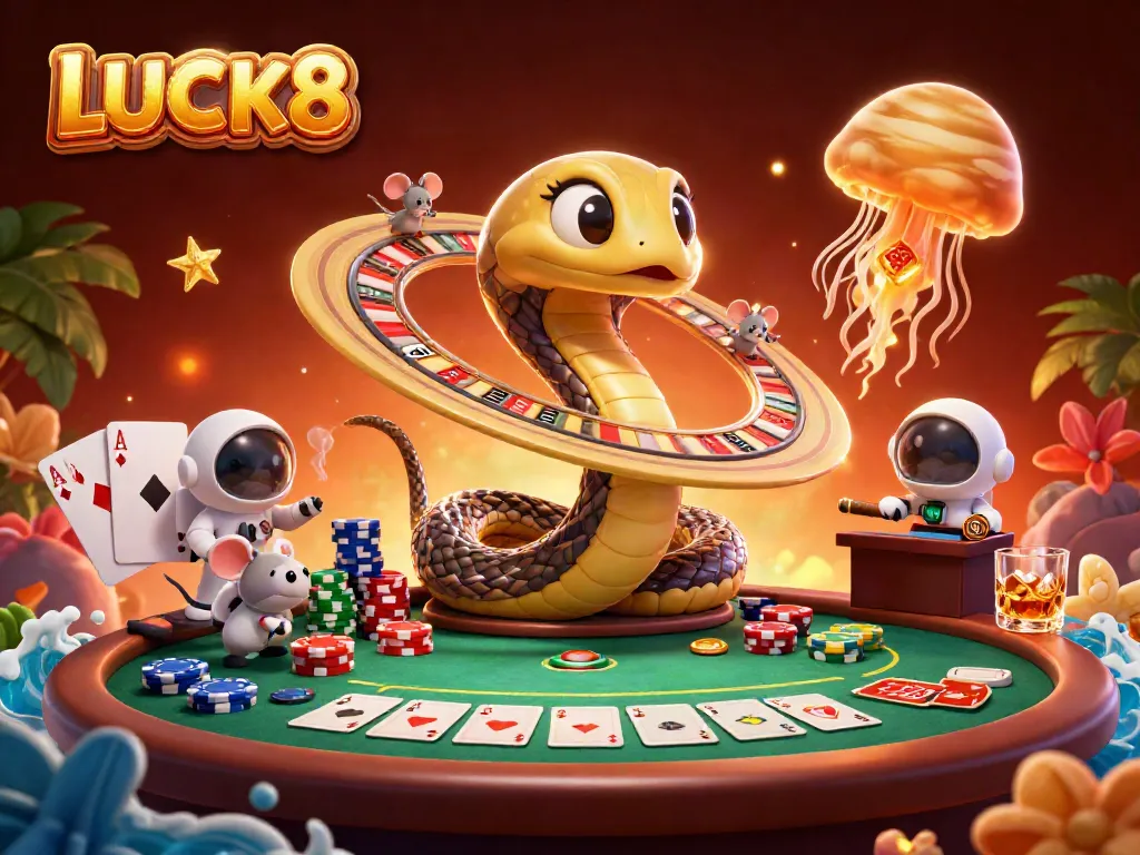 Engage in thrilling bets at LUCK8's cosmic casino featuring a 3D snake roulette wheel