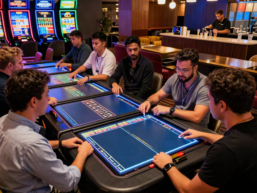 Exciting vin88 casino scene with players engaged in sports betting, showcasing a modern gaming environment.