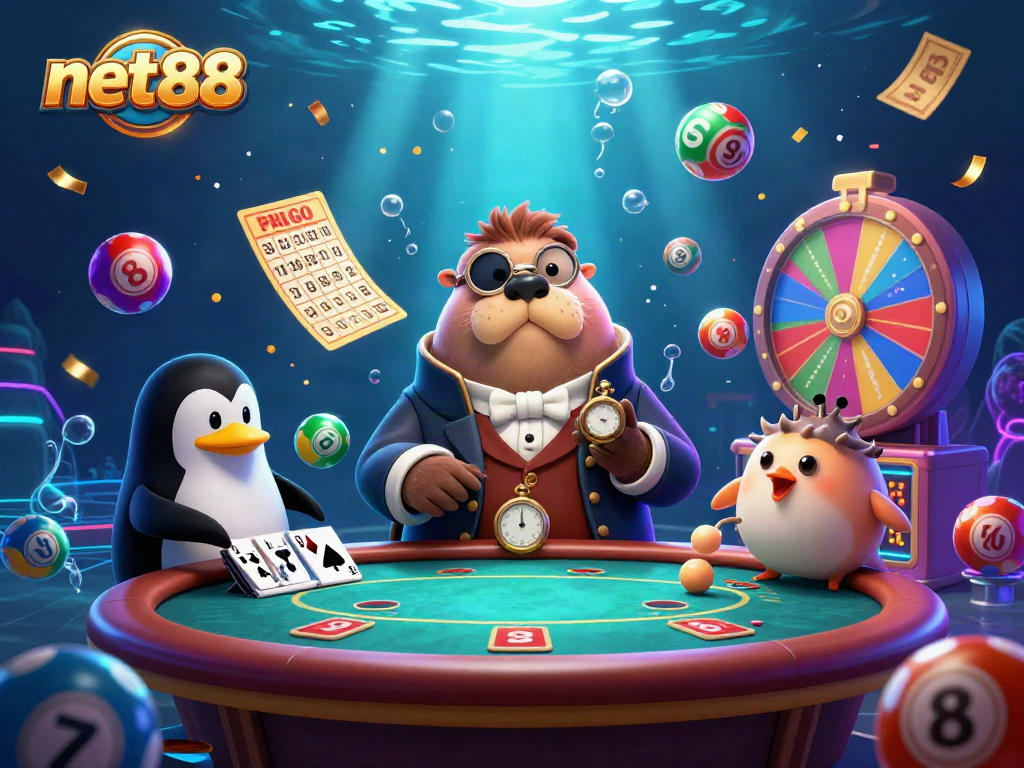 Experience the excitement of net88 with a bluffed poker game featuring a walrus and lively casino elements.