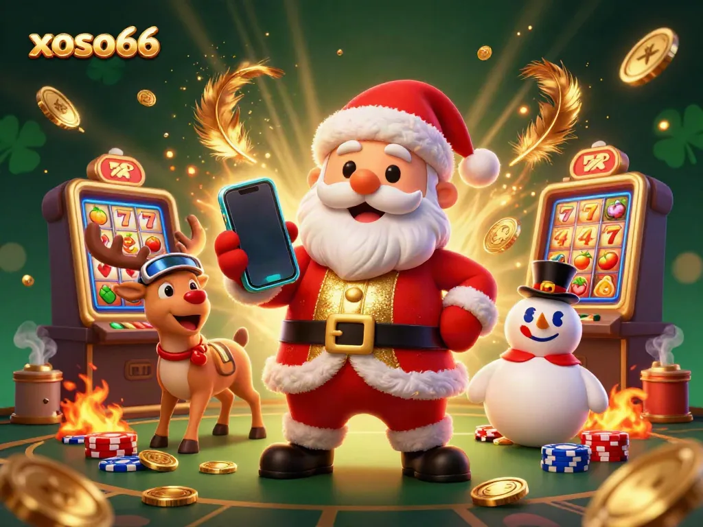 Experience the thrill of winning with xoso66 as Santa celebrates jackpot slots in a magical casino scene.