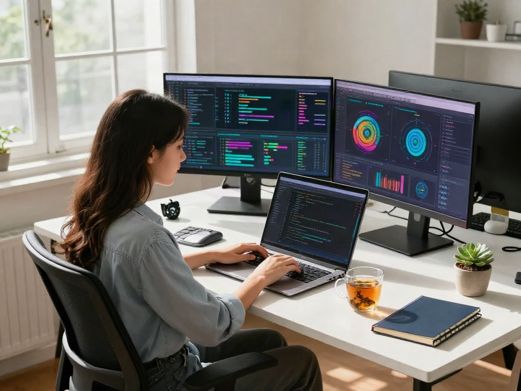 Young woman coding in a modern office environment, showcasing ai 18+ technology and vibrant data analytics.
