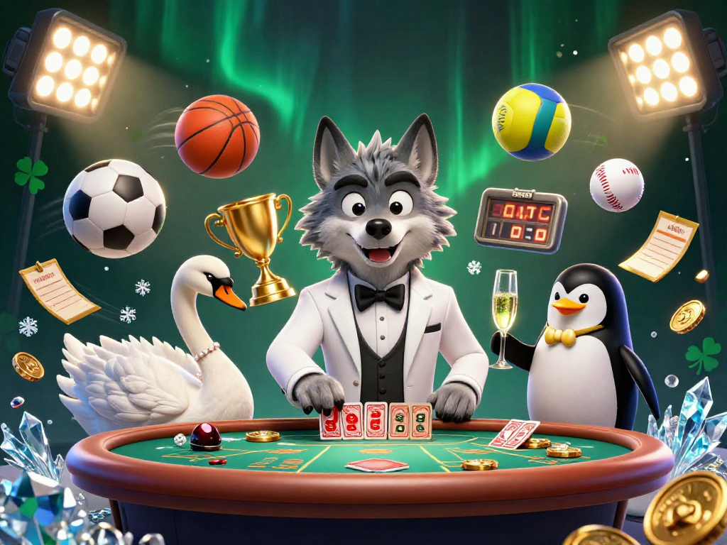 Experience debet gaming thrills with 3D debonair wolf and elegant swan at a lively baccarat table!