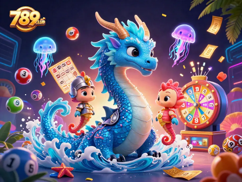 Immerse in 789CLUB's vibrant lottery scene featuring an azure dragon and playful jellyfish.