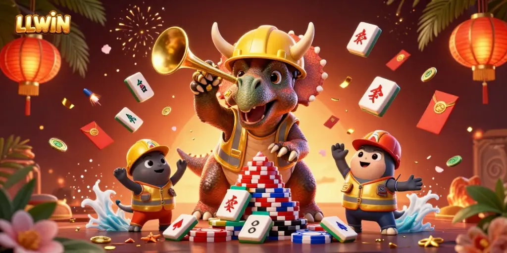 Experience the thrill of LLWIN with a vibrant illustration of a triceratops celebrating wins amidst glowing casino elements.