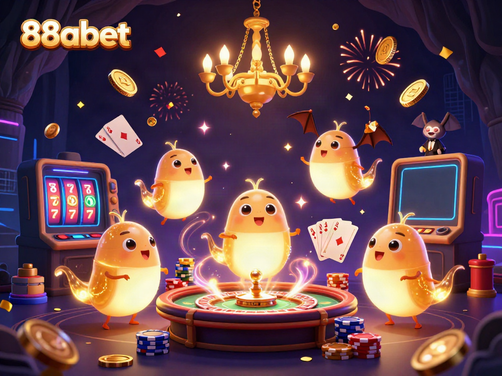 Experience the vibrant 88abet casino with glowing glowworms and a bat dealer amidst sparkling gems and gold coins.