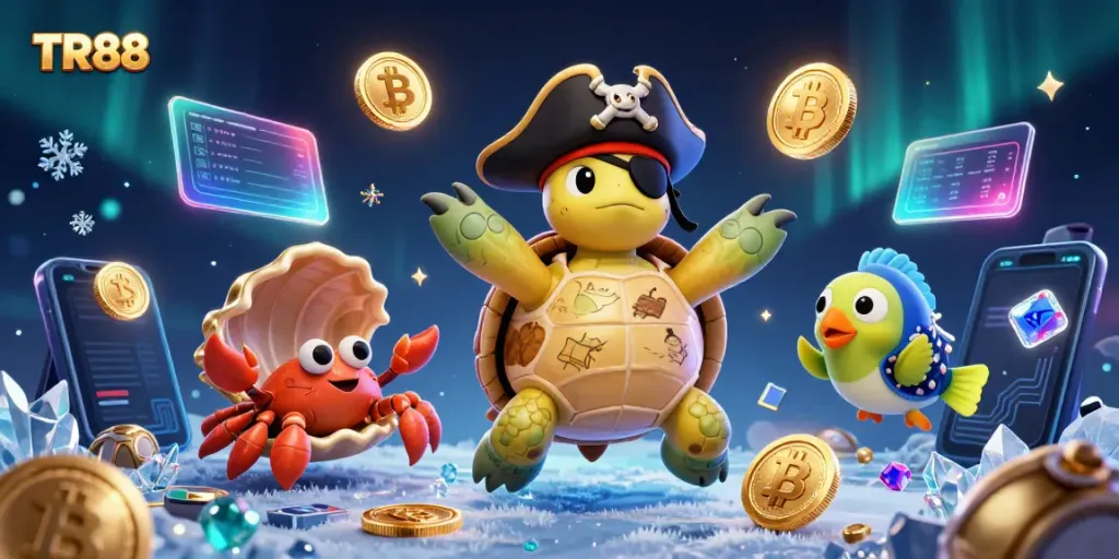 Engage in TR88 casino adventures with a pirate turtle and treasures surrounded by crypto elements.