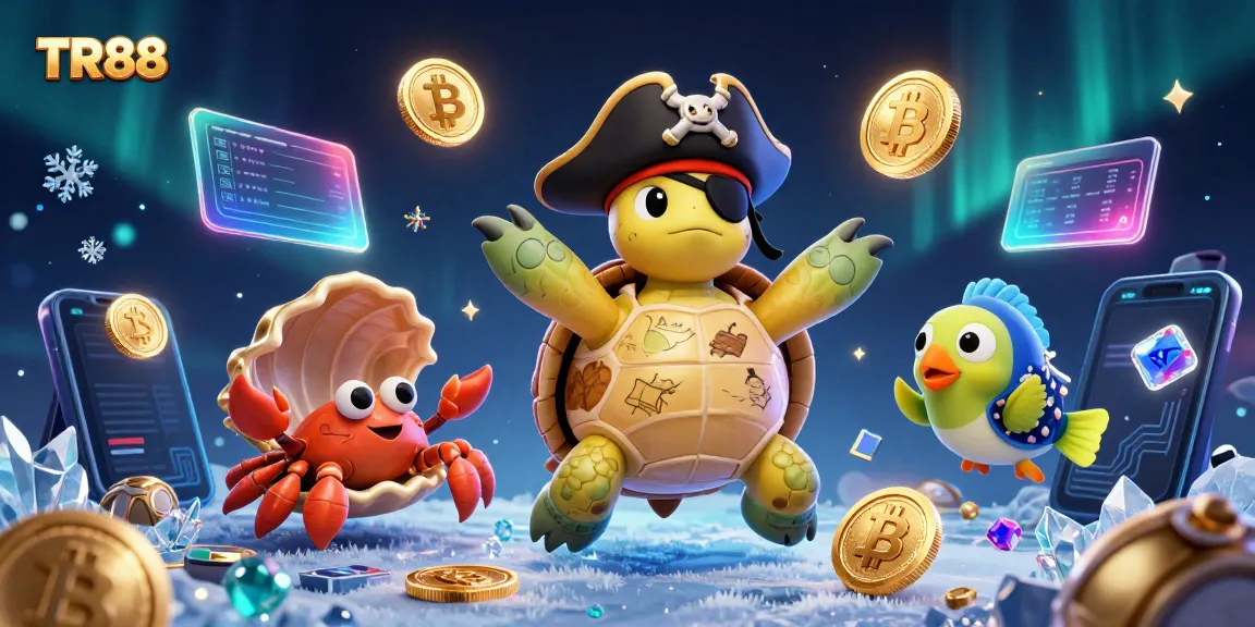 Engage in TR88 casino adventures with a pirate turtle and treasures surrounded by crypto elements.