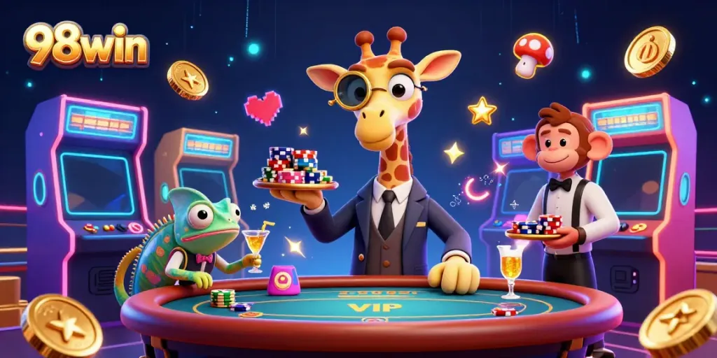 Experience thrilling gaming action with 98win in this vibrant casino scene featuring playful characters and arcade elements.