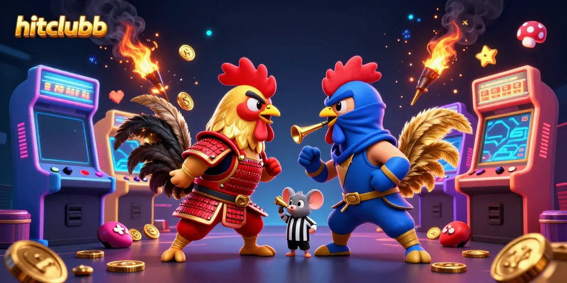 Hitclubb's vibrant 3D scene showcases cartoon roosters in a dramatic standoff amid arcade gaming elements.