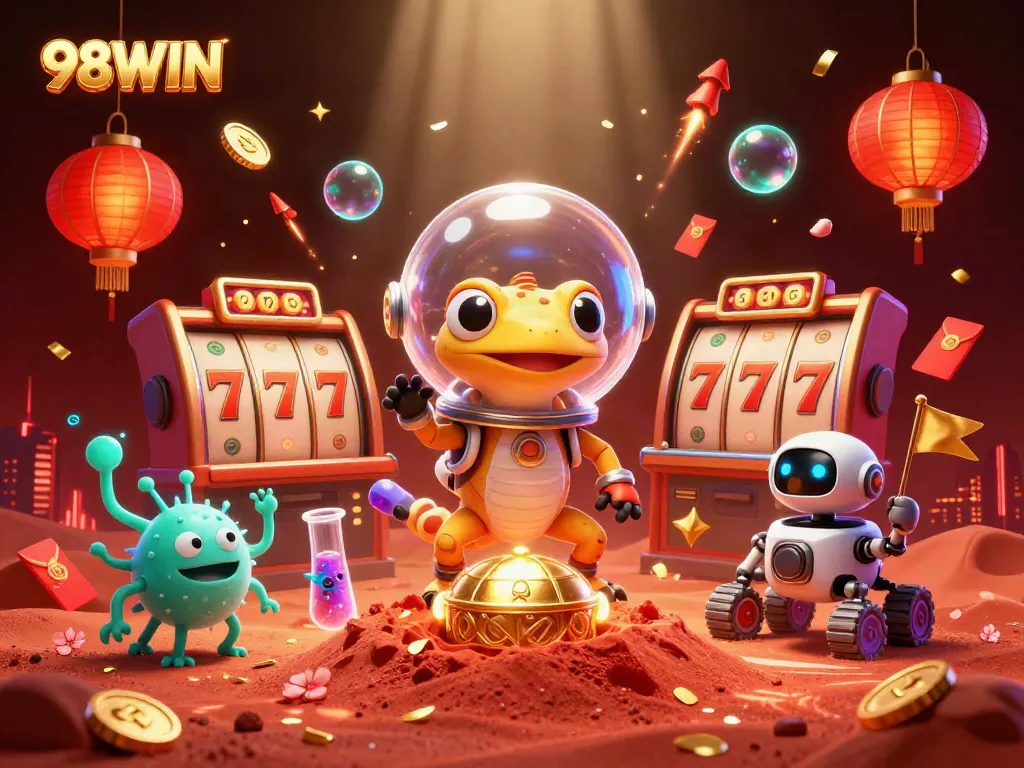 Join the excitement with 98WIN in a golden casino under Mars sand, featuring vibrant gambling elements.