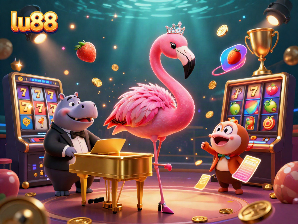Join the fun at lu88 with a vibrant casino scene featuring a singing flamingo and a hippo bassist.