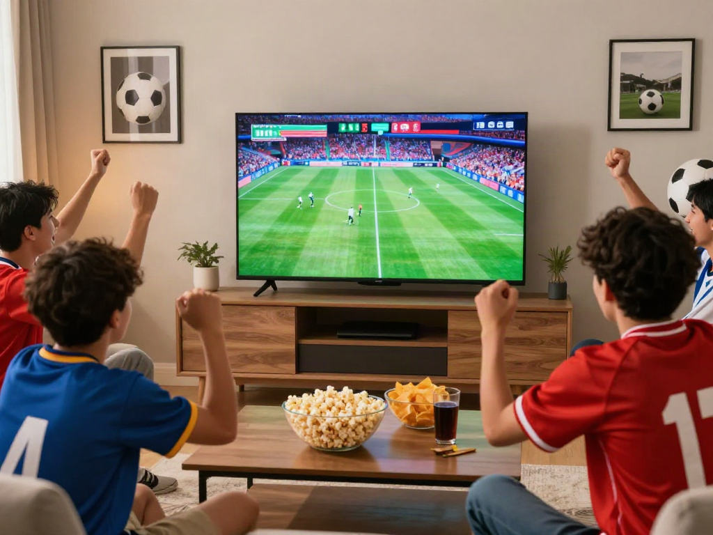 CakhiaTV fans enjoying a live football match in a vibrant living room.