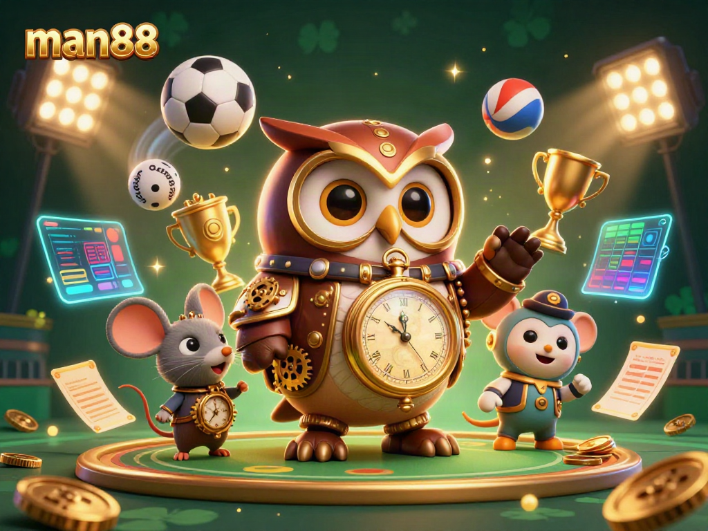Experience thrilling action with man88's casino games, featuring a steampunk owl and vibrant sports elements.