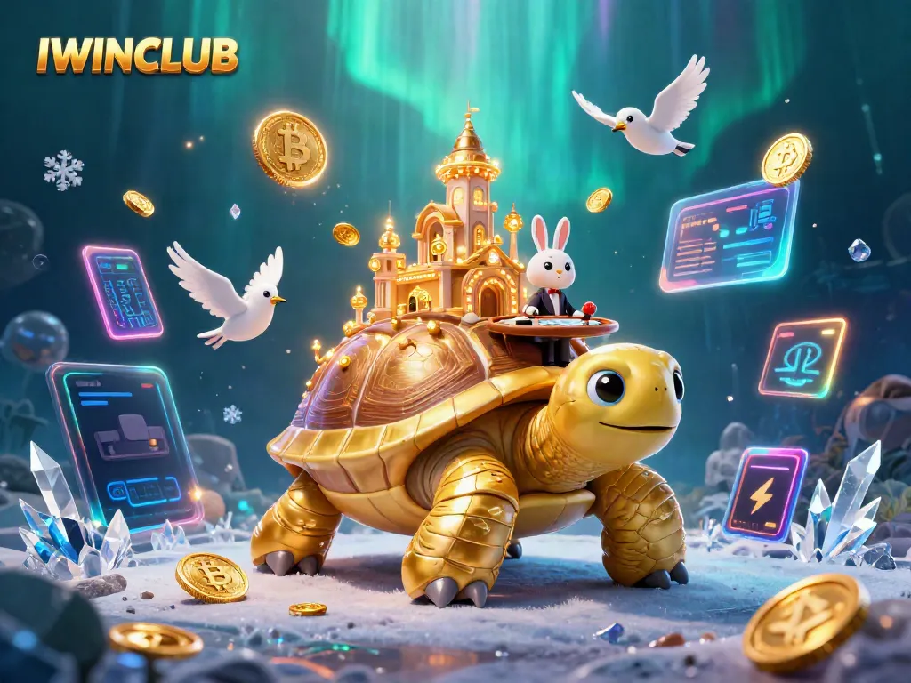 IWINCLUB showcases a vibrant 3D casino scene with a golden tortoise and exciting gaming elements.