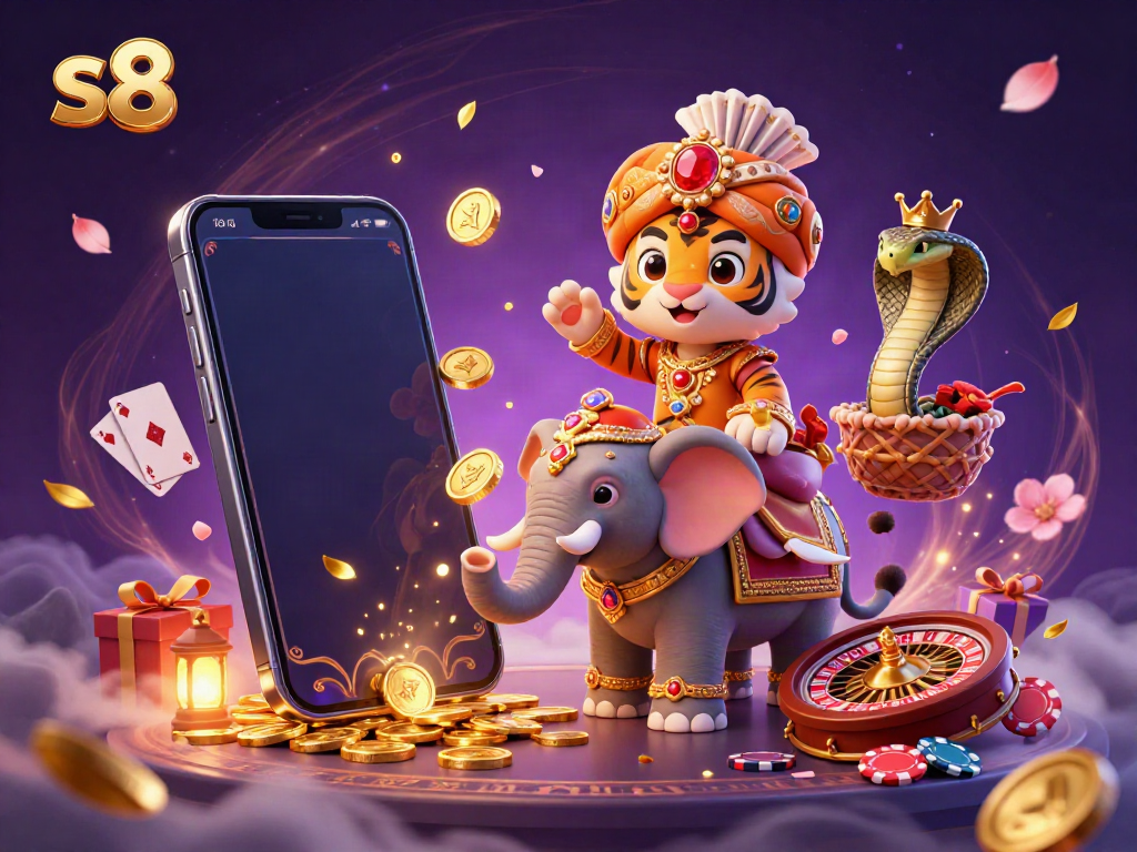 Sink into the exhilarating world of S8, where a maharaja tiger and elephant celebrate gaming triumphs with vibrant slot elements.