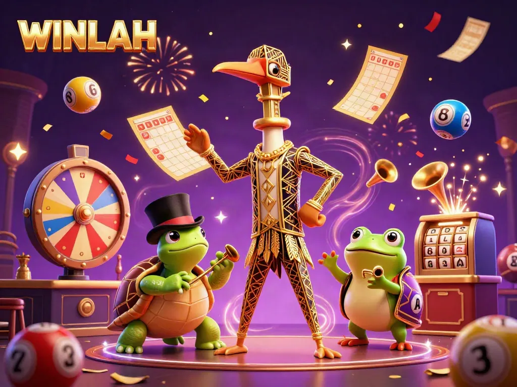 WINLAH celebrates with a colorful lottery scene featuring cartoon characters and casino elements.