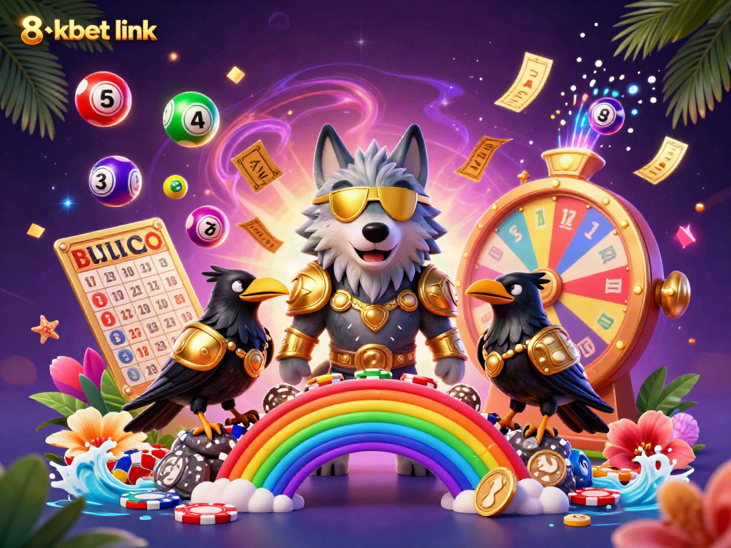 Engage with the 8xbet link and experience vibrant casino fun depicted in a detailed 3D illustration featuring Odin and his ravens.