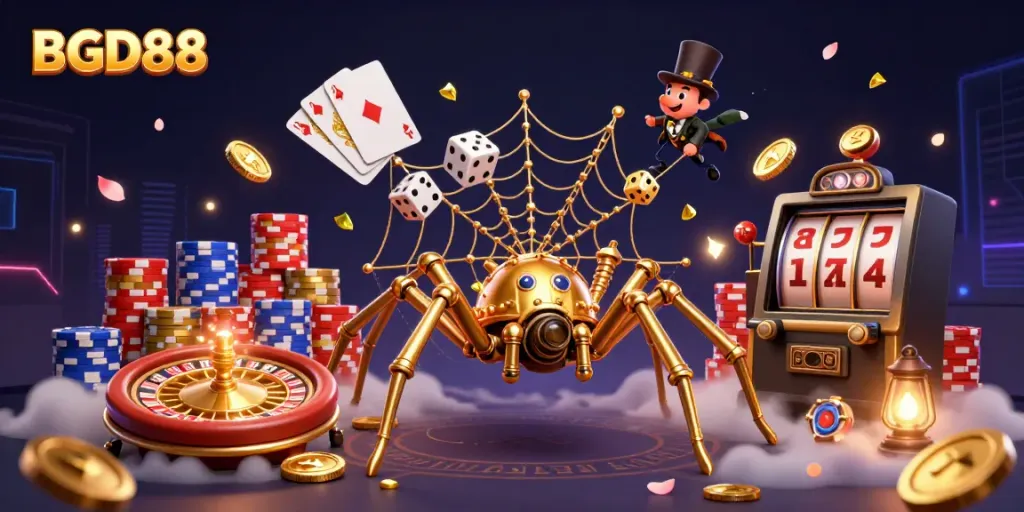 Experience the thrill of BGD88, featuring a steampunk spider and Victorian gentleman amid cascading coins and casino elements.