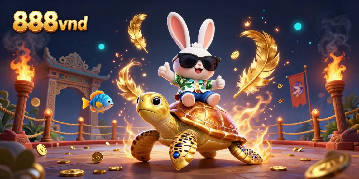 Experience the excitement of 888vnd with a lucky rabbit and golden turtle, surrounded by vibrant casino-themed elements.