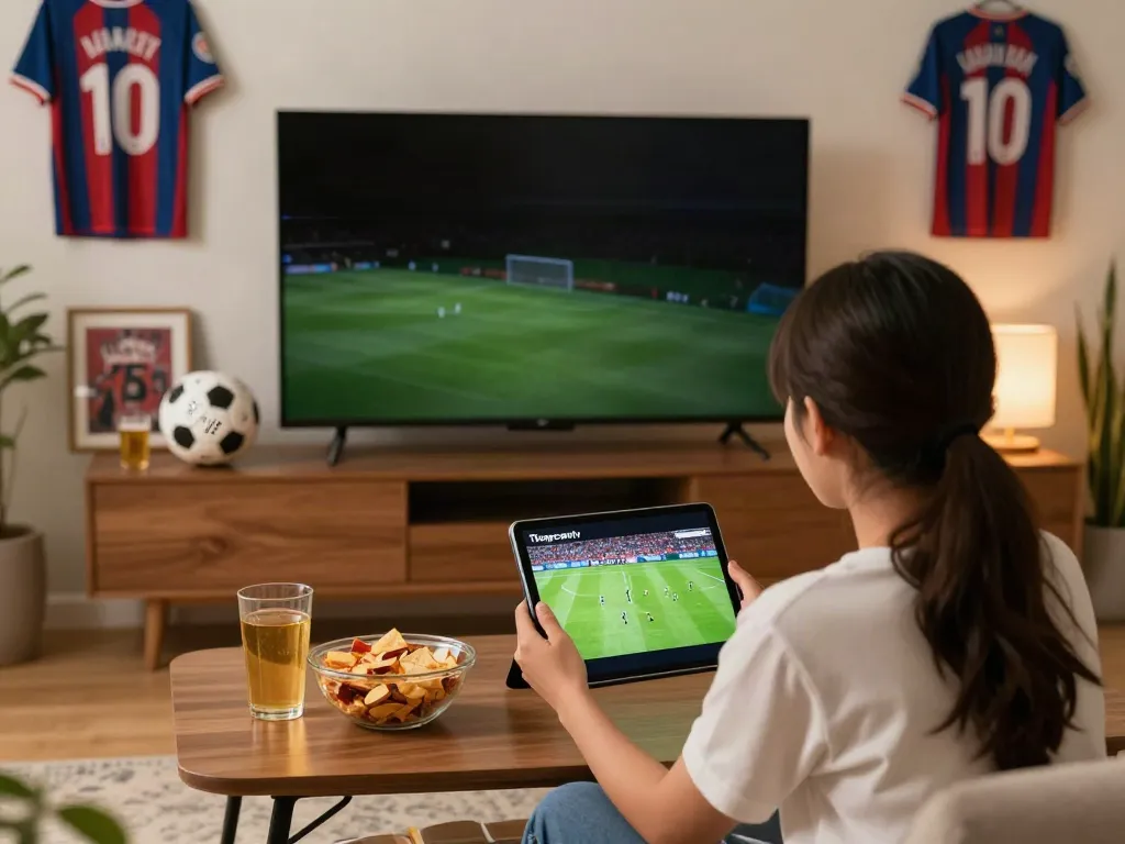 Fan enjoying live football on thapcamtv in a cozy living room with snacks.