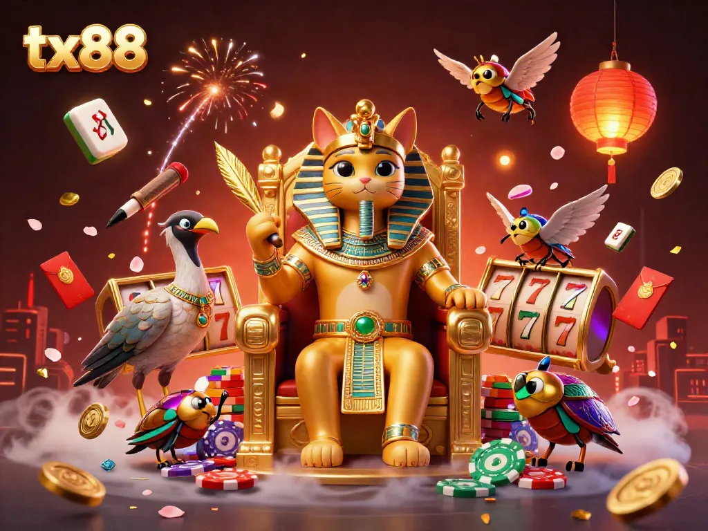 Engage in thrilling gameplay with tx88, as a royal cat presides over a vibrant casino scene filled with dynamic elements.