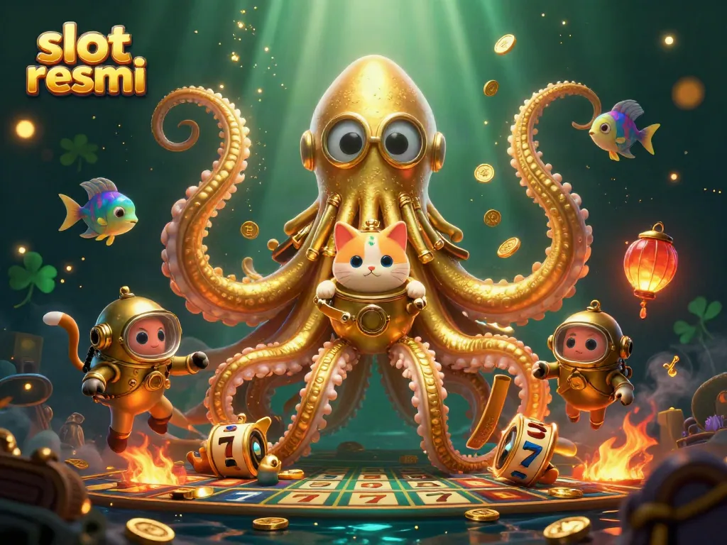 Experience the excitement of slot resmi with captivating 3D illustration of a kraken and diving cat amidst dynamic casino elements.