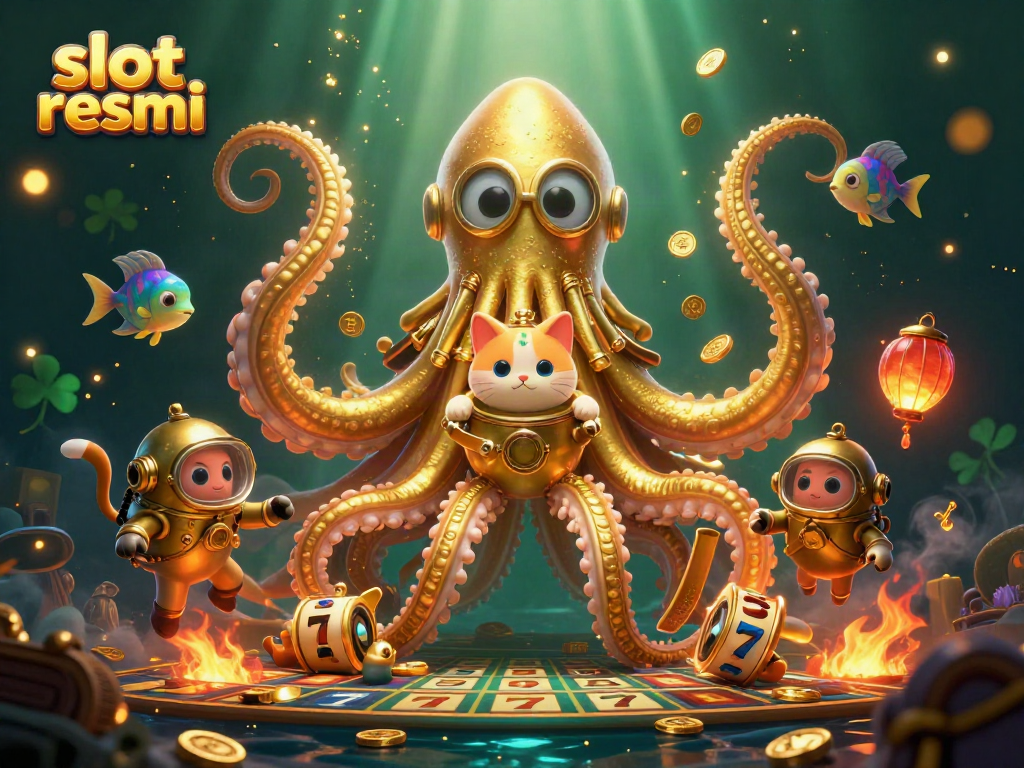 Experience the excitement of slot resmi with captivating 3D illustration of a kraken and diving cat amidst dynamic casino elements.