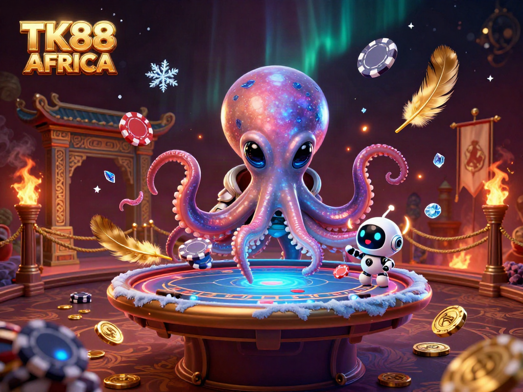 Engage in dynamic gaming action at TK88 AFRICA with a colorful alien octopus and robot at a holographic poker table.