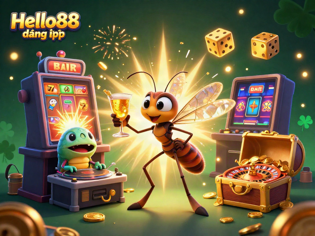 Experience the excitement of Hello88 đăng nhập with dynamic characters and casino games surrounding a vibrant 3D scene.