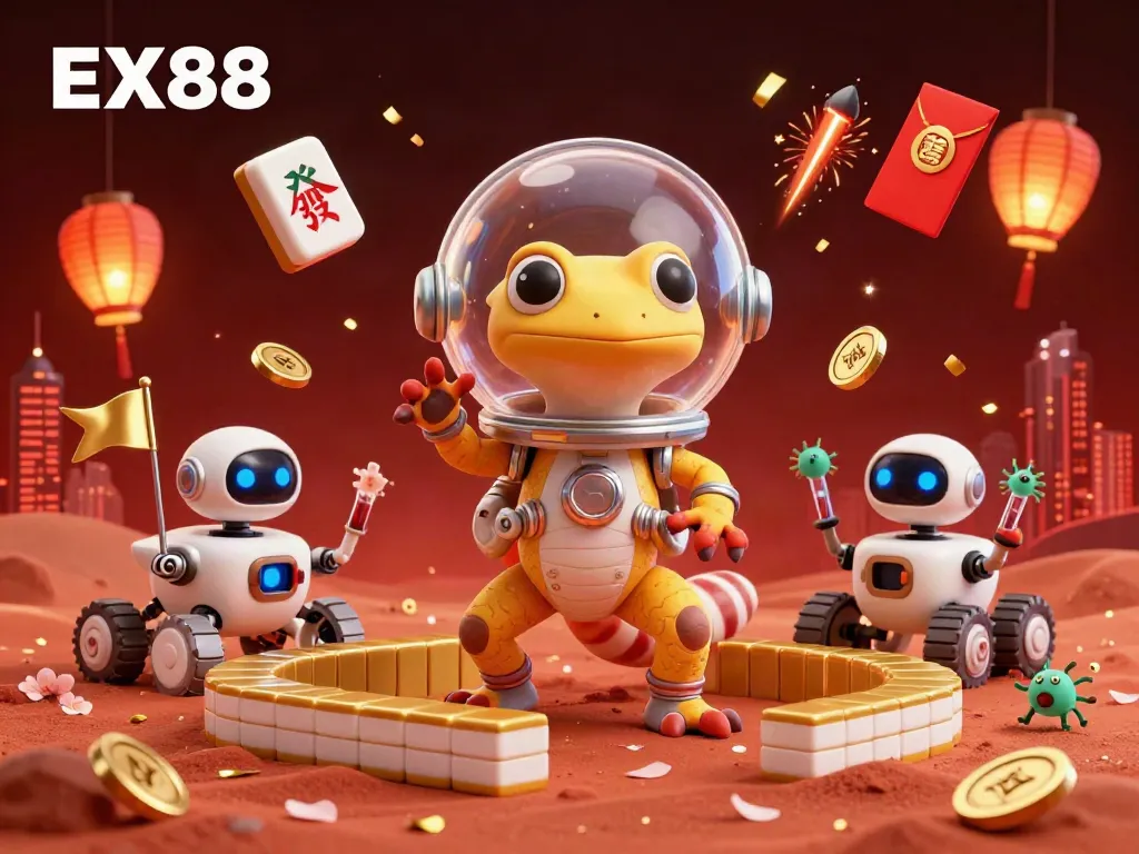 Martian gecko discovering a golden casino on Mars with rich casino elements, promoting EX88.