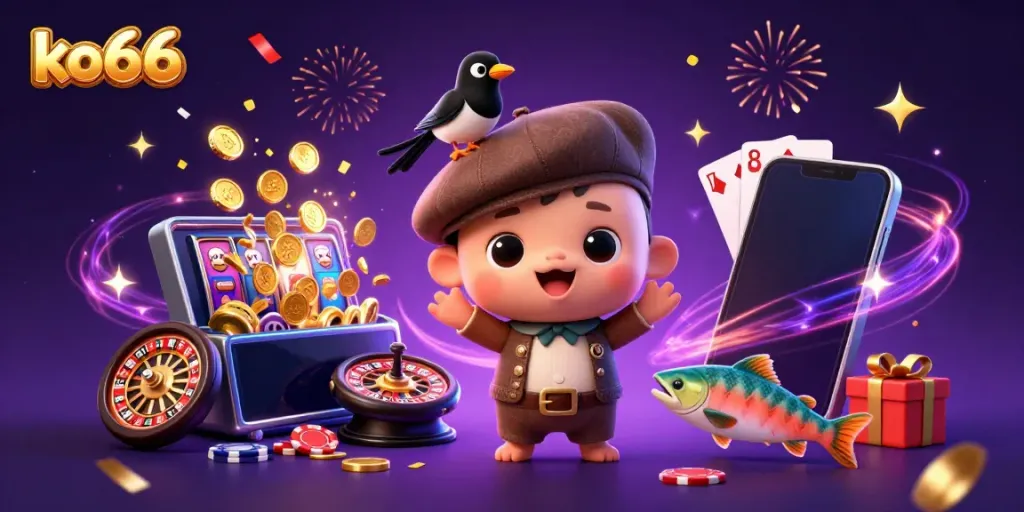 Experience vibrant gaming action at ko66 in this playful 3D illustration featuring charming characters amidst casino elements.