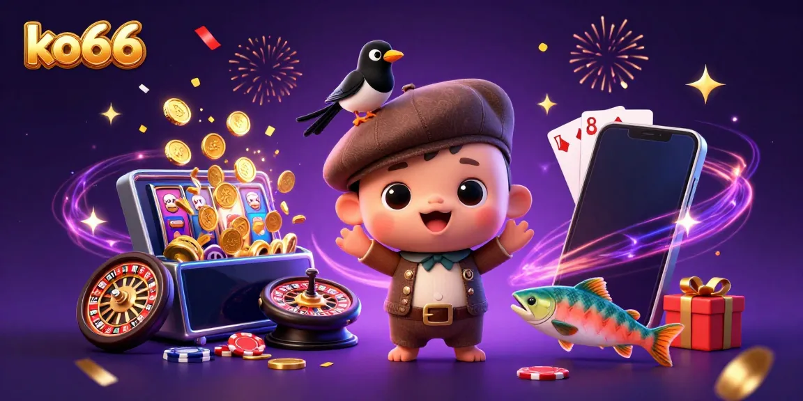 Experience vibrant gaming action at ko66 in this playful 3D illustration featuring charming characters amidst casino elements.