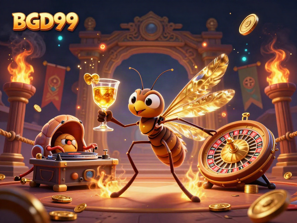 Engage with BGD99's vibrant casino experience featuring a unique frozen-in-amber mosquito mascot and a trilobite DJ.